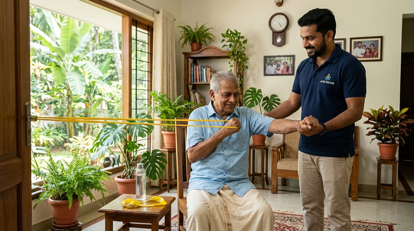 സ്ട്രോക്കിന് ശേഷം മുടങ്ങിപ്പോയ നടത്തം: പാലായിലെ റിട്ടയേർഡ് ഹെഡ്മാസ്റ്ററെ വീണ്ടും നടത്തം പഠിപ്പിച്ച ഫിസിയോ കമ്പാനിയൻ